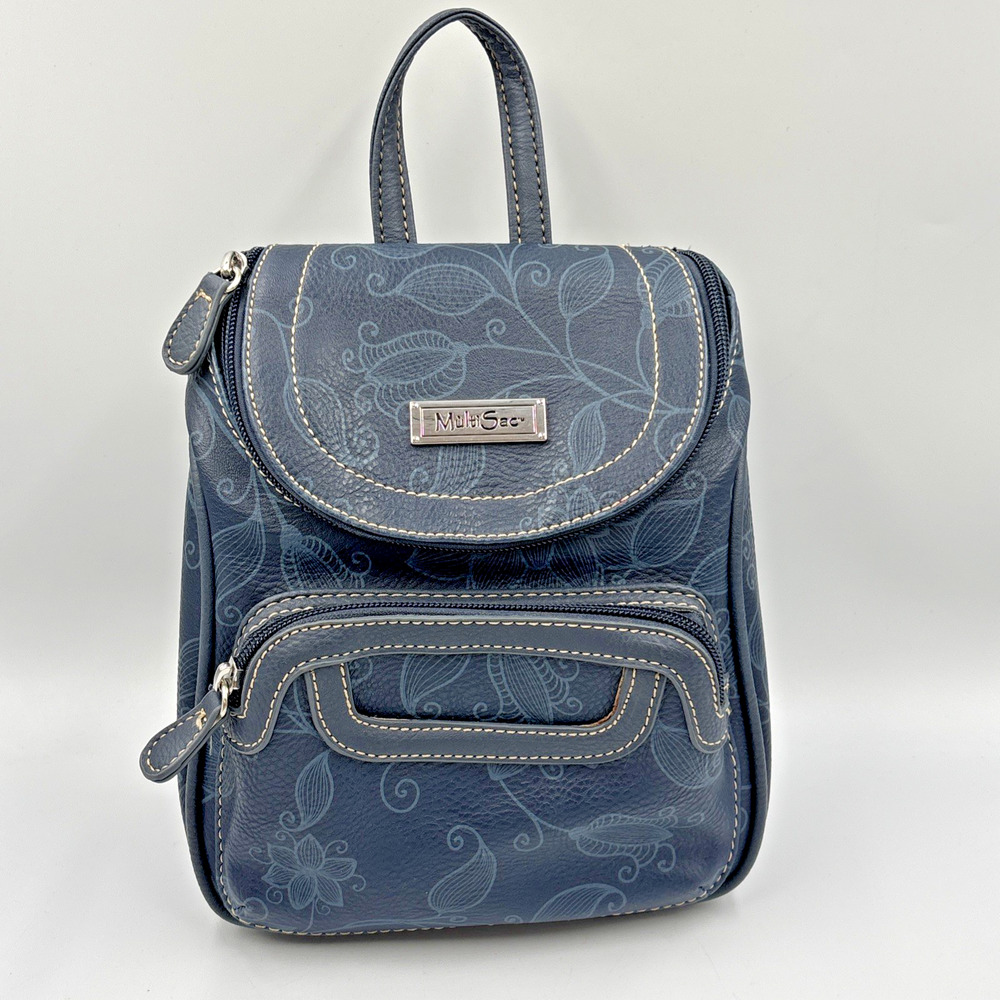 MultiSac Faux Leather Mini Backpack Blue Organizer Travel Bag Zipper Purse